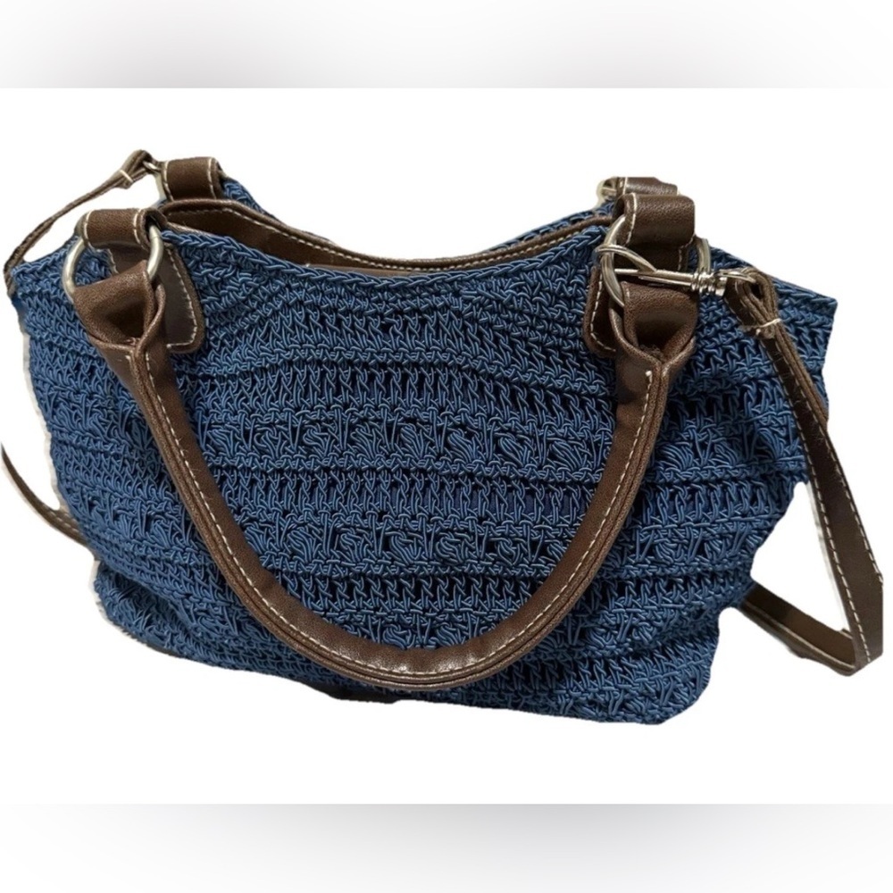 Blue and Brown Textured Shoulder Bag with Leather Accents